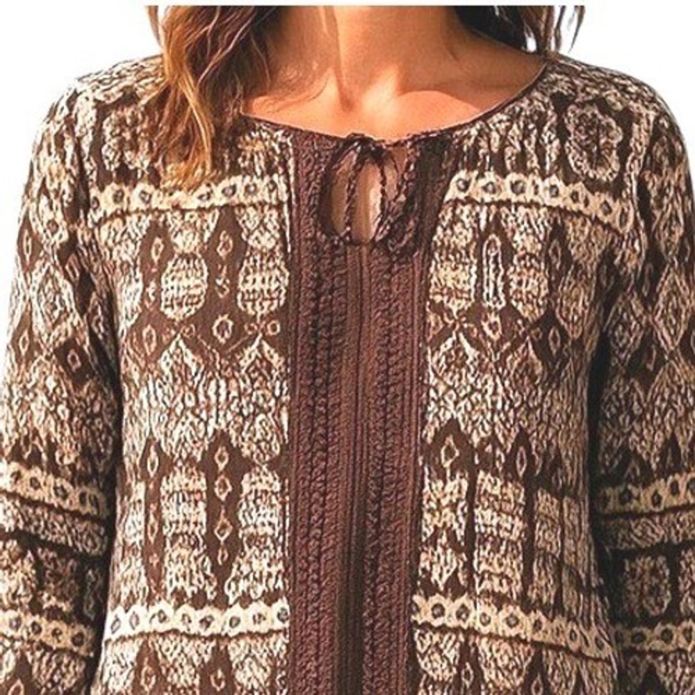 Women's Boho Peasant Rayon Blouse‎ Print Tie Neck Brown Tan 3/4 Sleeve XL Casual